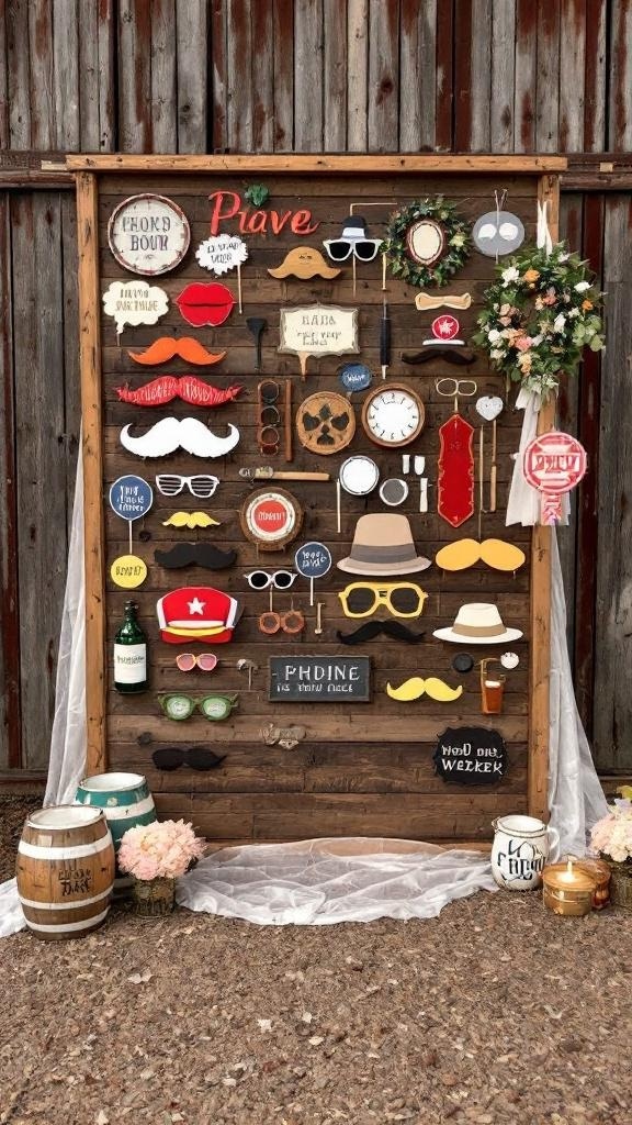 A rustic photo booth backdrop with various props like hats, glasses, and mustaches.