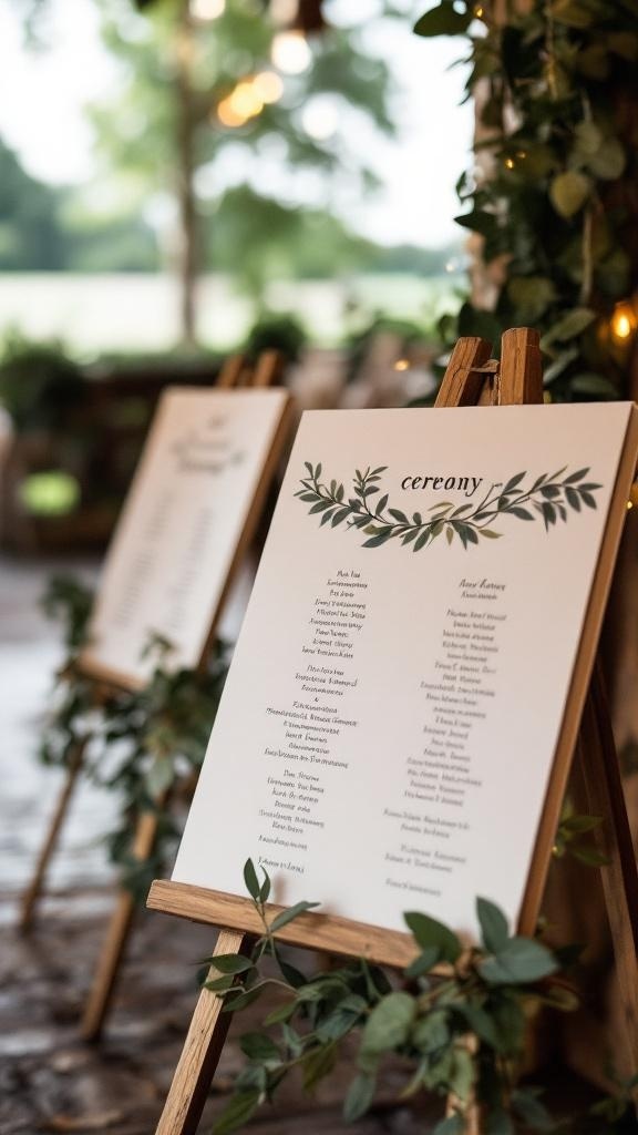 Rustic ceremony programs displayed on easels with greenery accents.