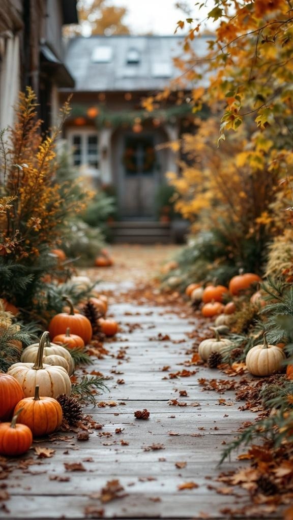 A rustic outdoor pathway decorated with pumpkins and autumn leaves.