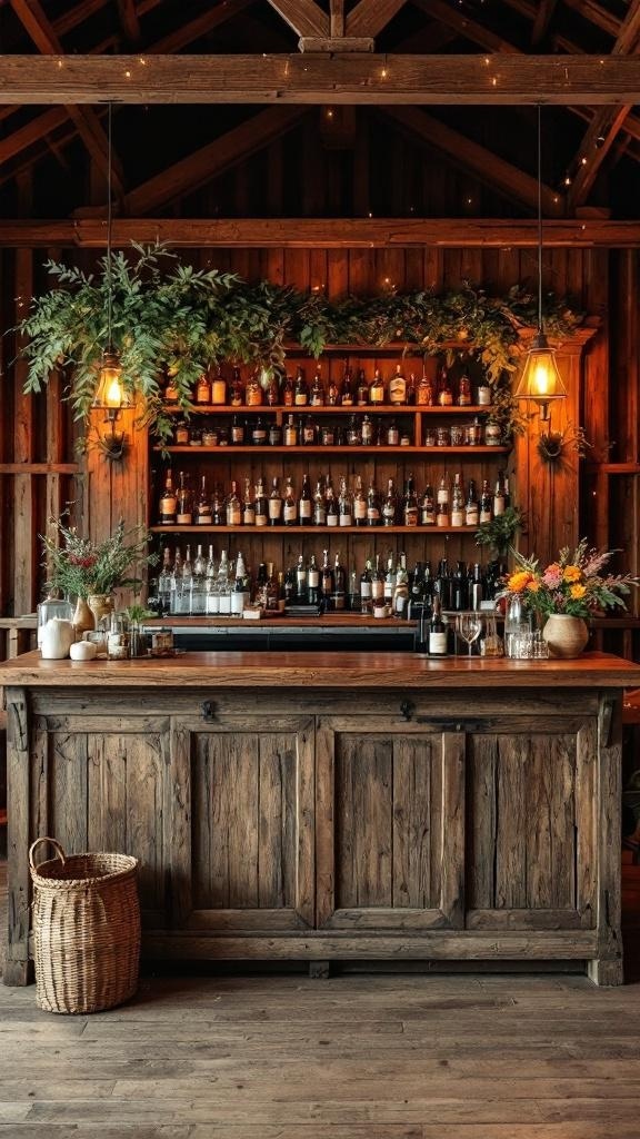 Rustic wooden bar setup with greenery and warm lighting
