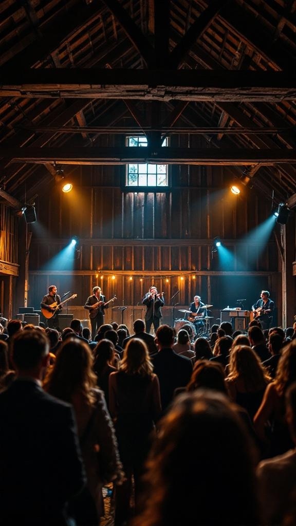 A lively band performing in a rustic barn with guests enjoying the music.