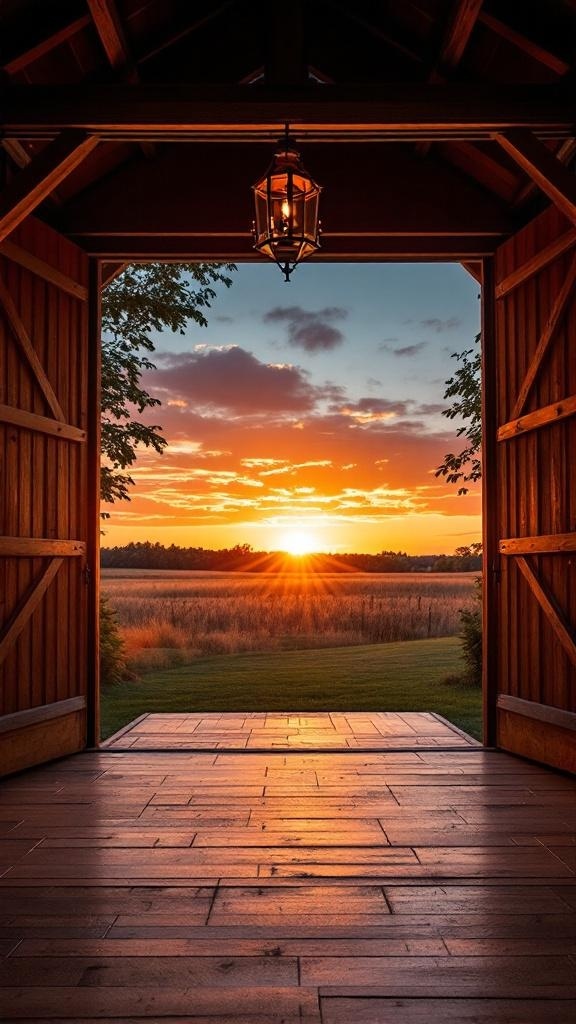 A rustic barn door framing a stunning sunset view over a field.