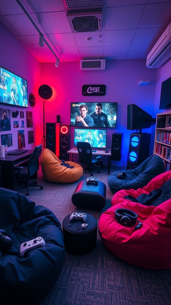 A cozy gaming room with bean bags, multiple screens, and gaming gadgets.