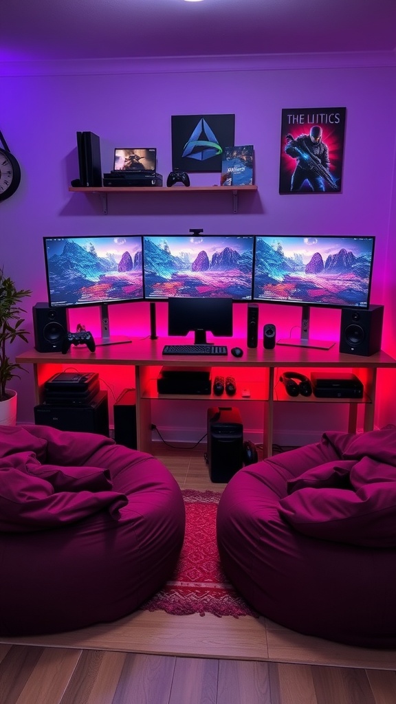 A cozy gaming room with bean bags and multiple monitors.