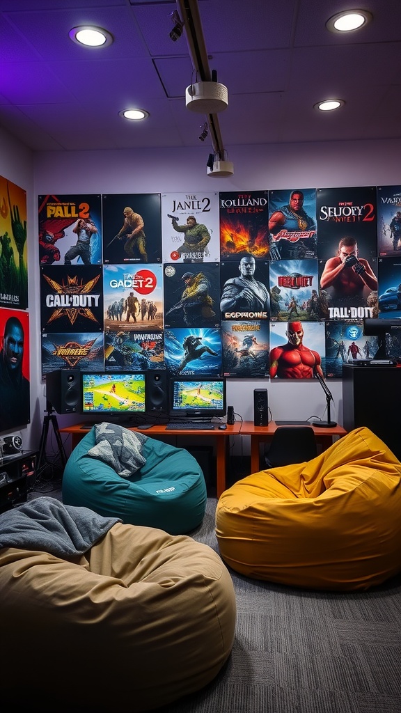 Cozy gaming room with bean bags and gaming posters on the wall.