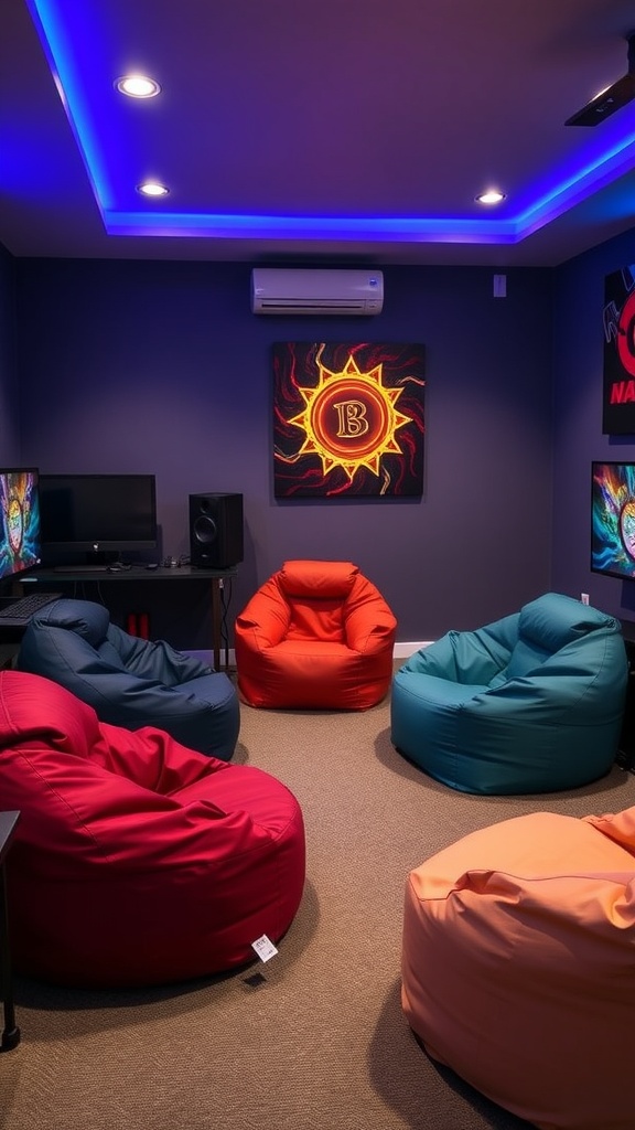 A cozy gaming room with colorful bean bags and a'GAME' sign on the wall.