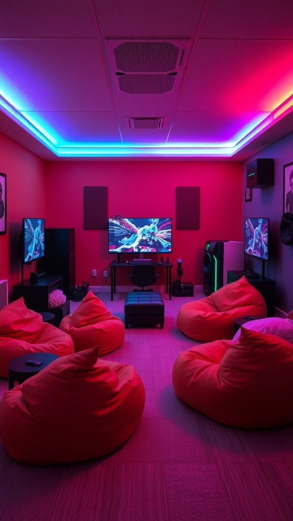 Cozy gaming room with vibrant red walls and colorful lighting, featuring bean bags.