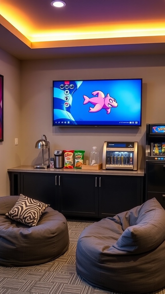 A cozy gaming room with bean bags and a snack station featuring chips and drinks.