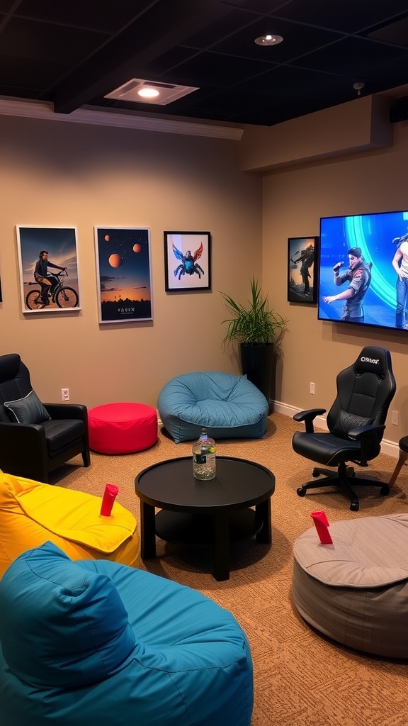 Two teenage boys sitting in a gaming room with bean bags and gaming chairs.