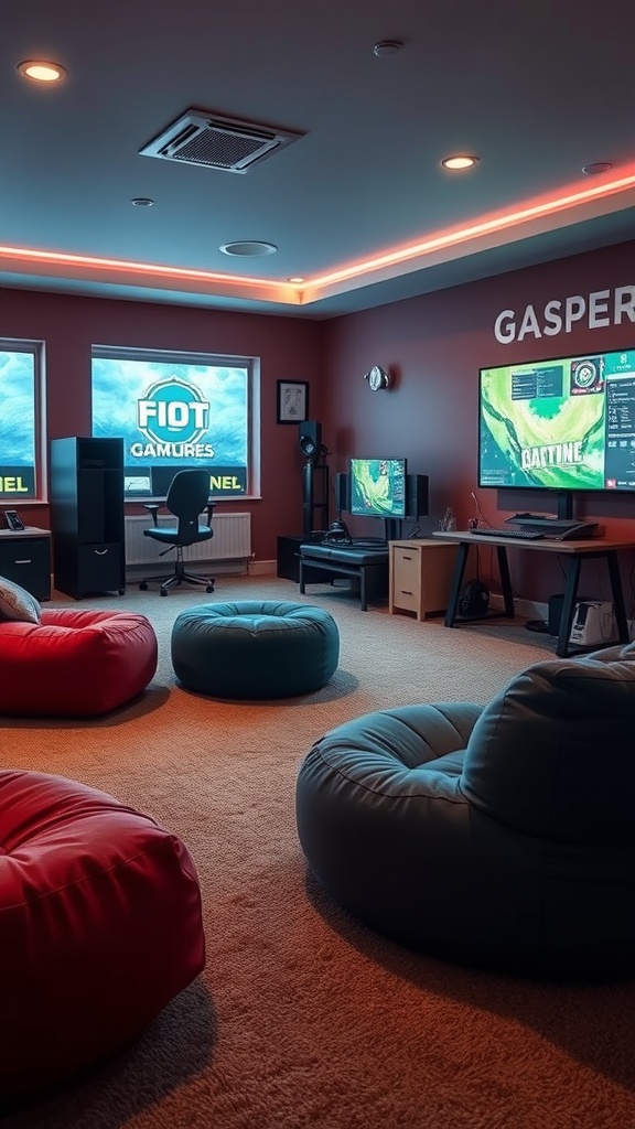 Cozy gaming room with bean bags and soft carpet flooring