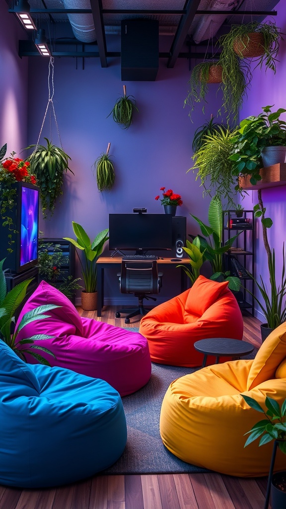 A cozy gaming room with colorful bean bags and various plants.