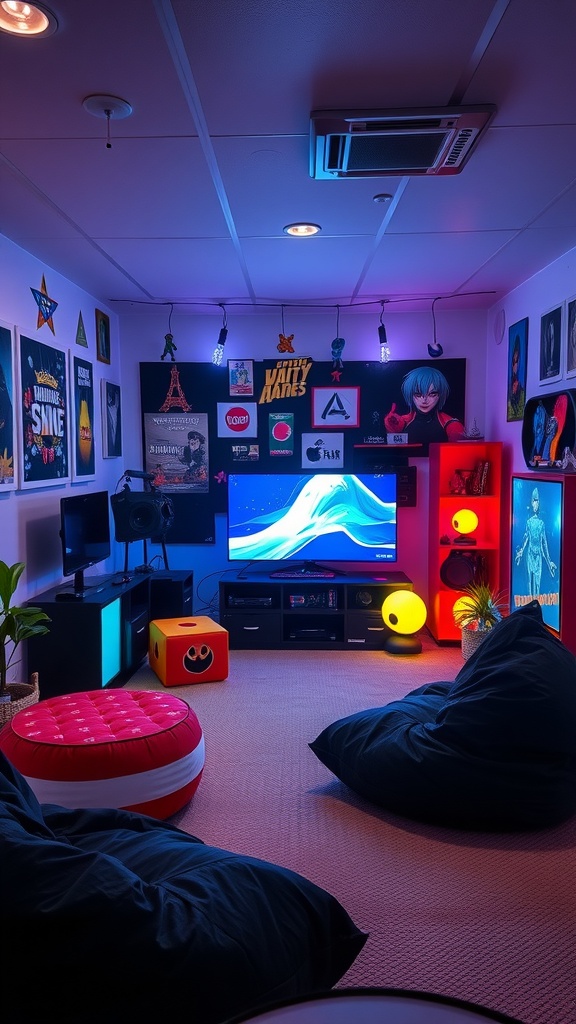 A cozy gaming room with bean bags, colorful lighting, and themed decorations.