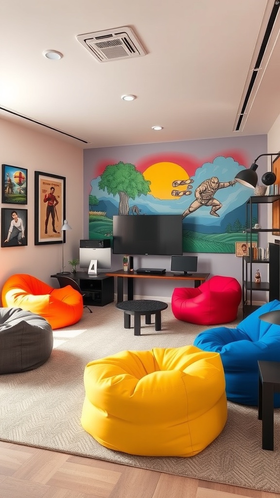 A cozy gaming room with colorful bean bags and vibrant wall art.