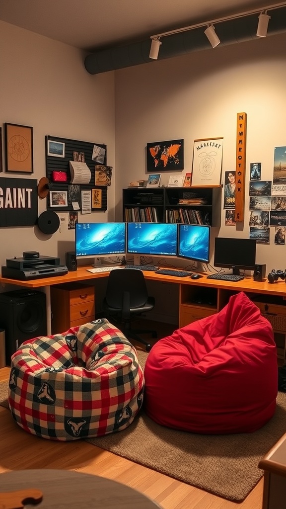 A cozy gaming room featuring two bean bags, one plaid and one red, with a desk and dual monitors.
