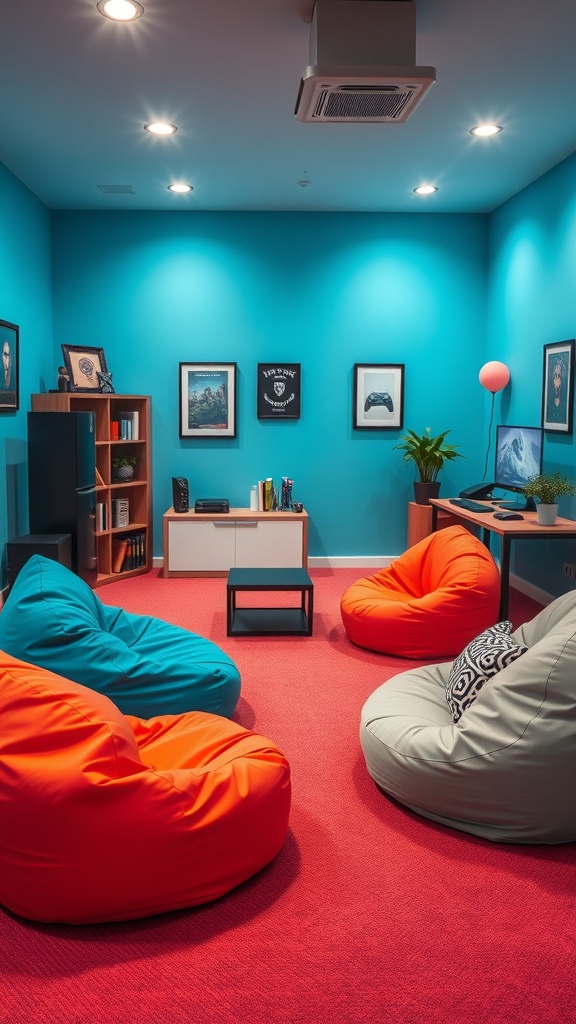 Cozy gaming room featuring colorful bean bags and a vibrant wall.