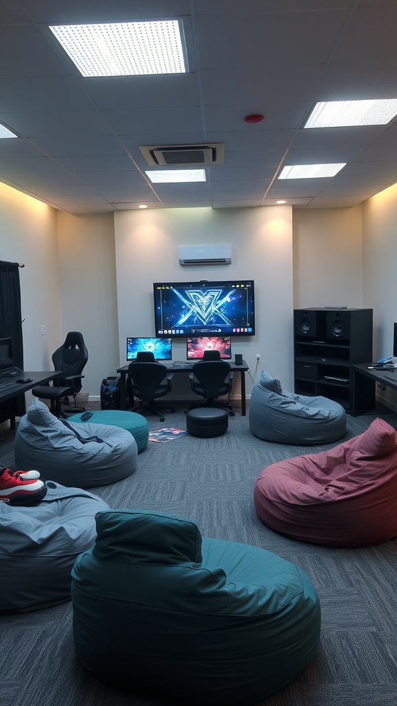 Cozy gaming room with bean bags and multiple screens.