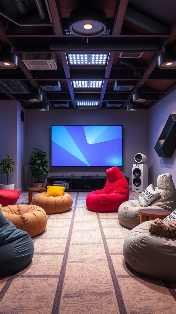A cozy gaming room with bean bags and a large TV.