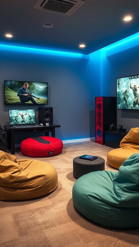 A cozy gaming room with bean bags and a young man playing on a device.