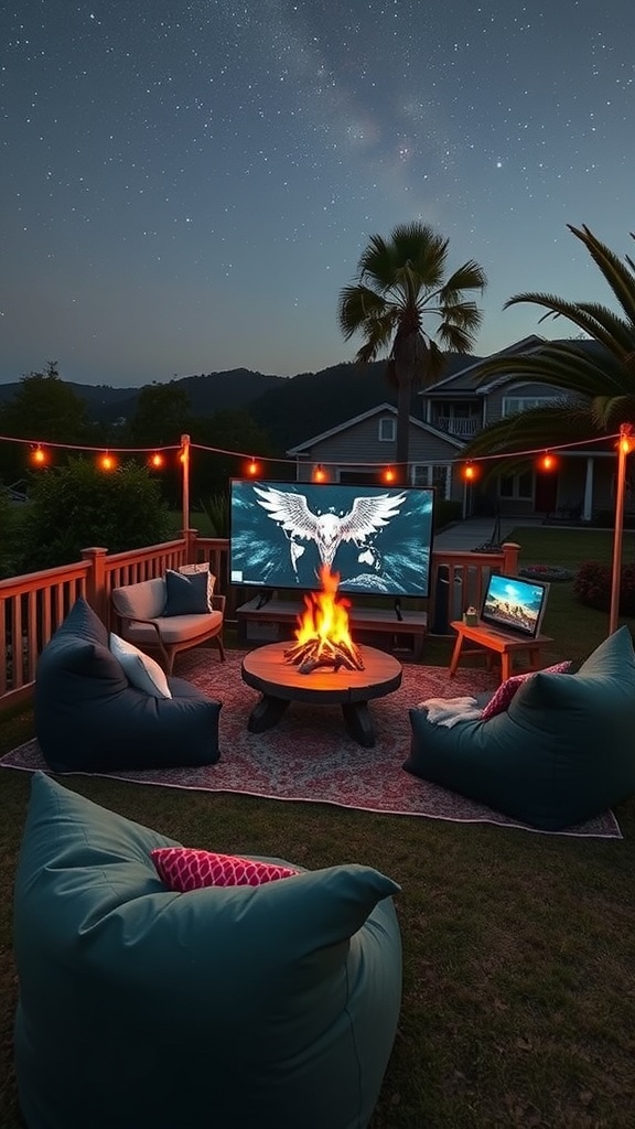 Outdoor gaming area with bean bags and string lights