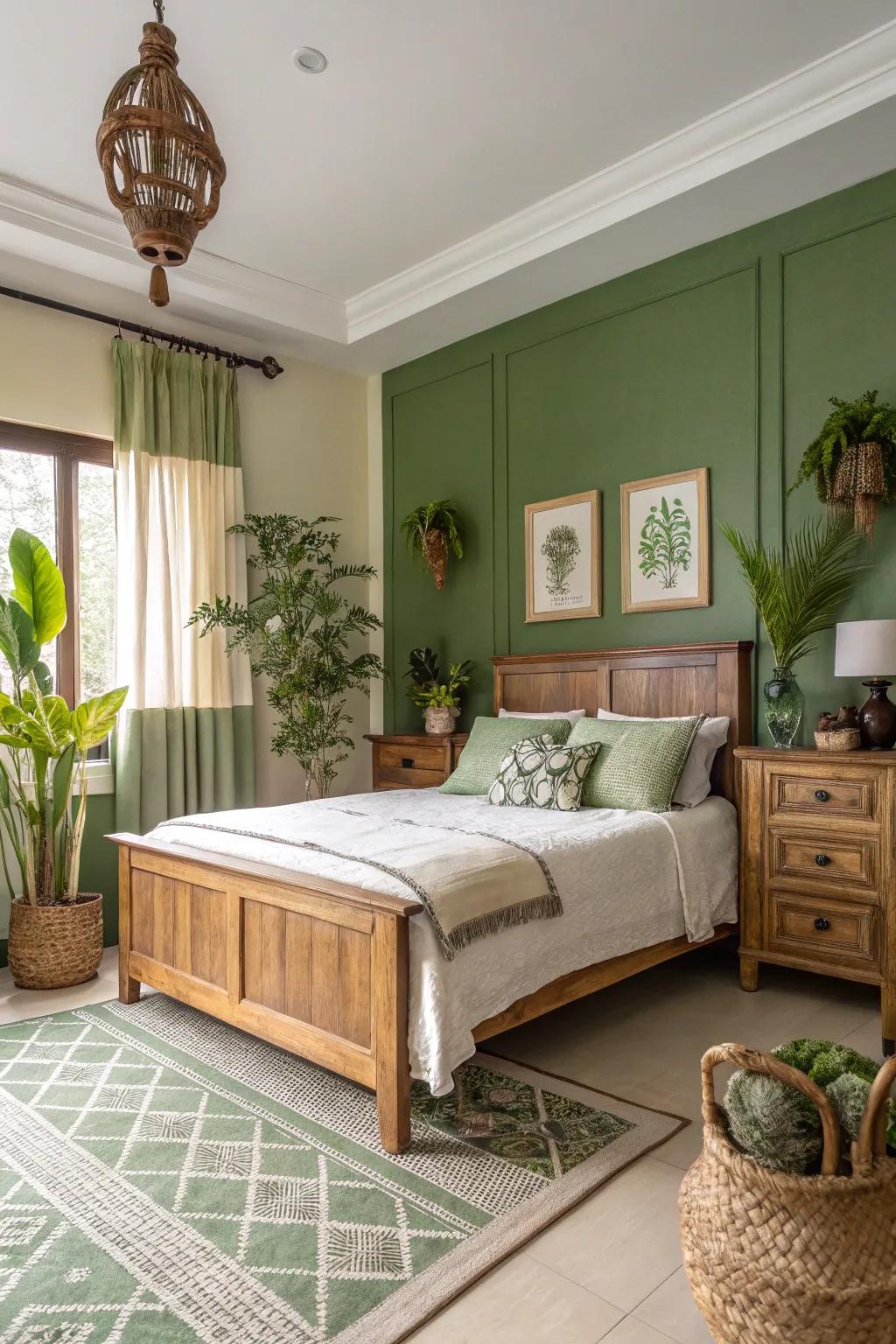 Calming green walls paired with soft cream trim for a natural vibe.