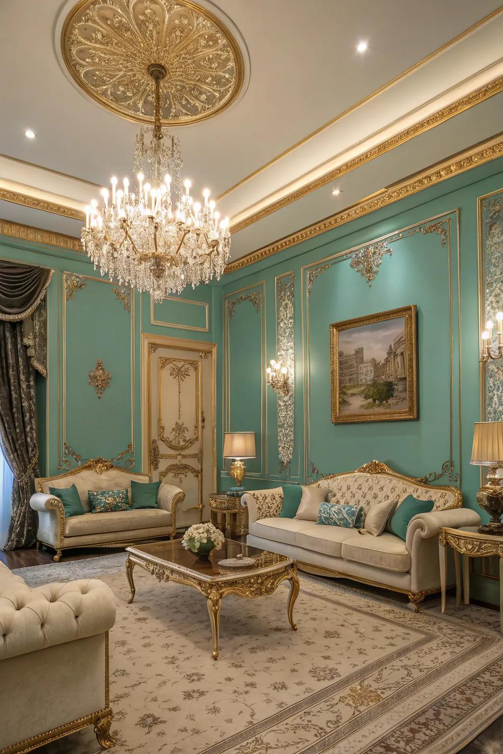Opulent teal walls accented by antique gold trim for a regal feel.