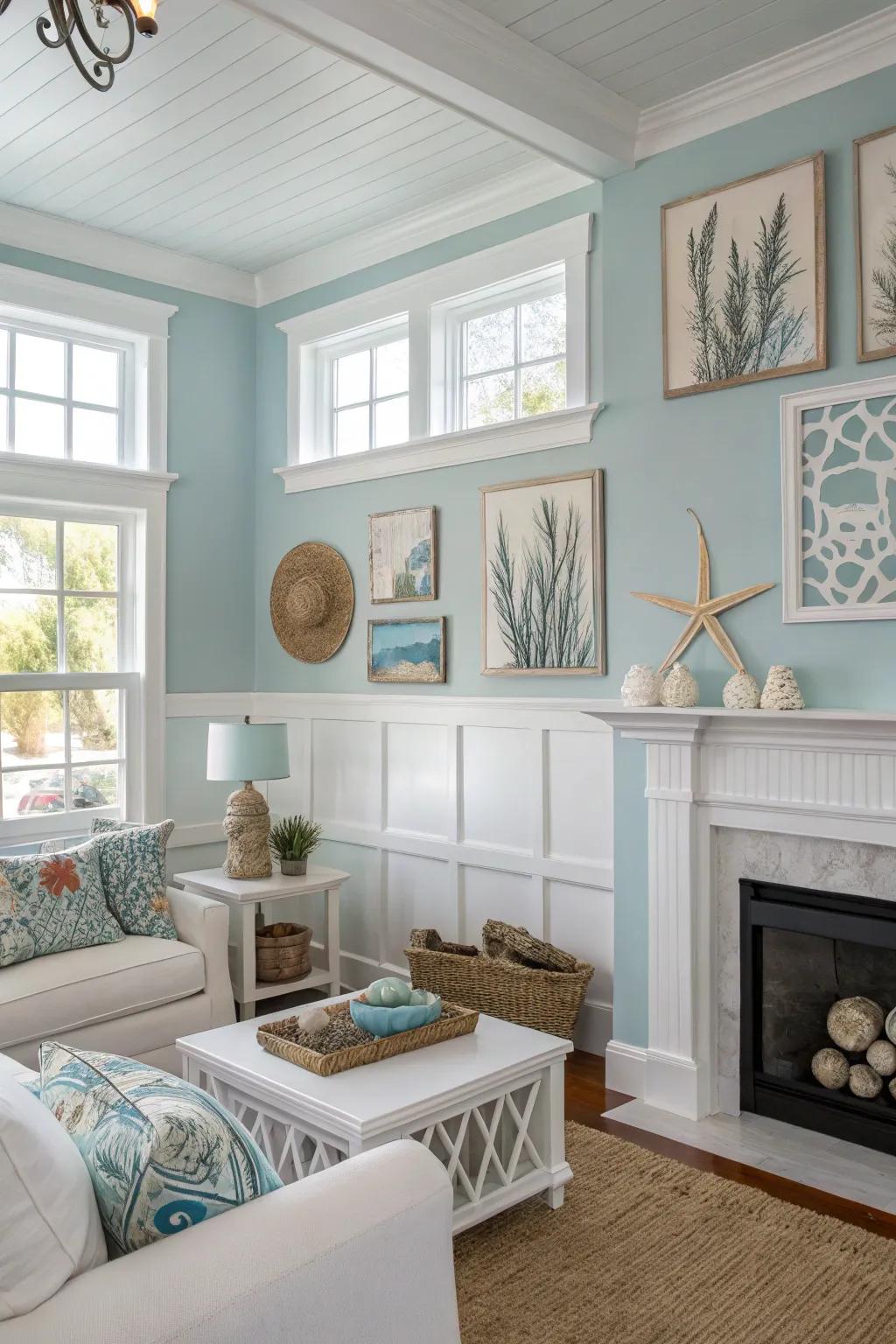 Airy sky blue walls complemented by bright white trim for a fresh feel.