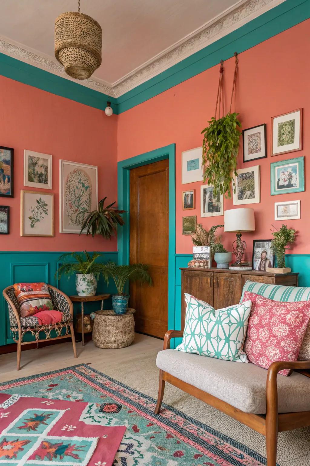 Energetic coral walls paired with deep teal trim for a lively space.