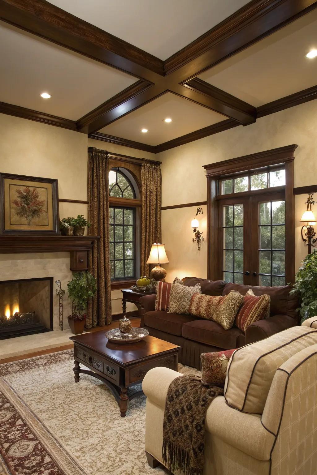 Warm ivory walls paired with rich chocolate trim for a cozy feel.