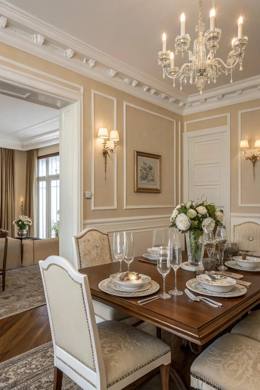 Neutral beige walls with clean white trim for timeless elegance.