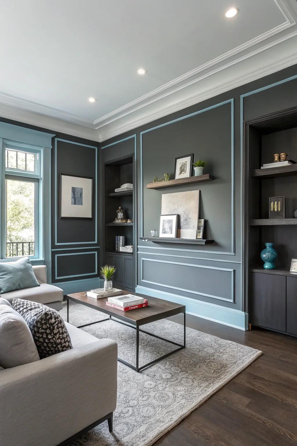 Modern charcoal walls accented by soft blue trim for a stylish contrast.