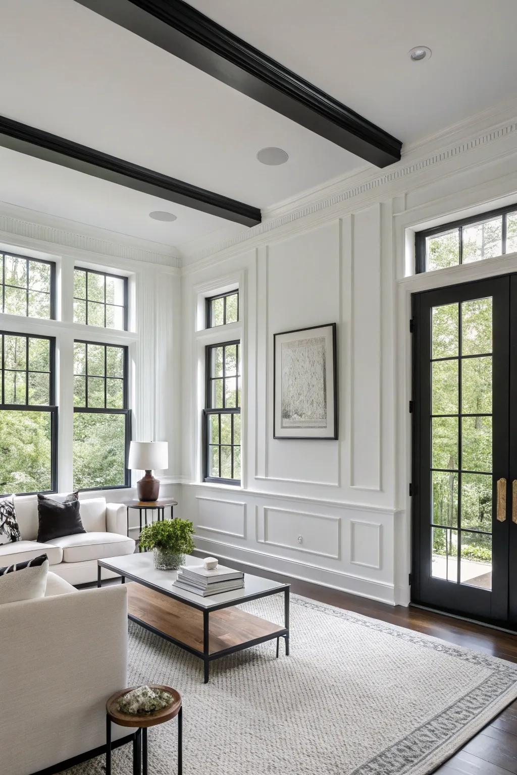 Striking white walls with bold black trim for a dramatic effect.