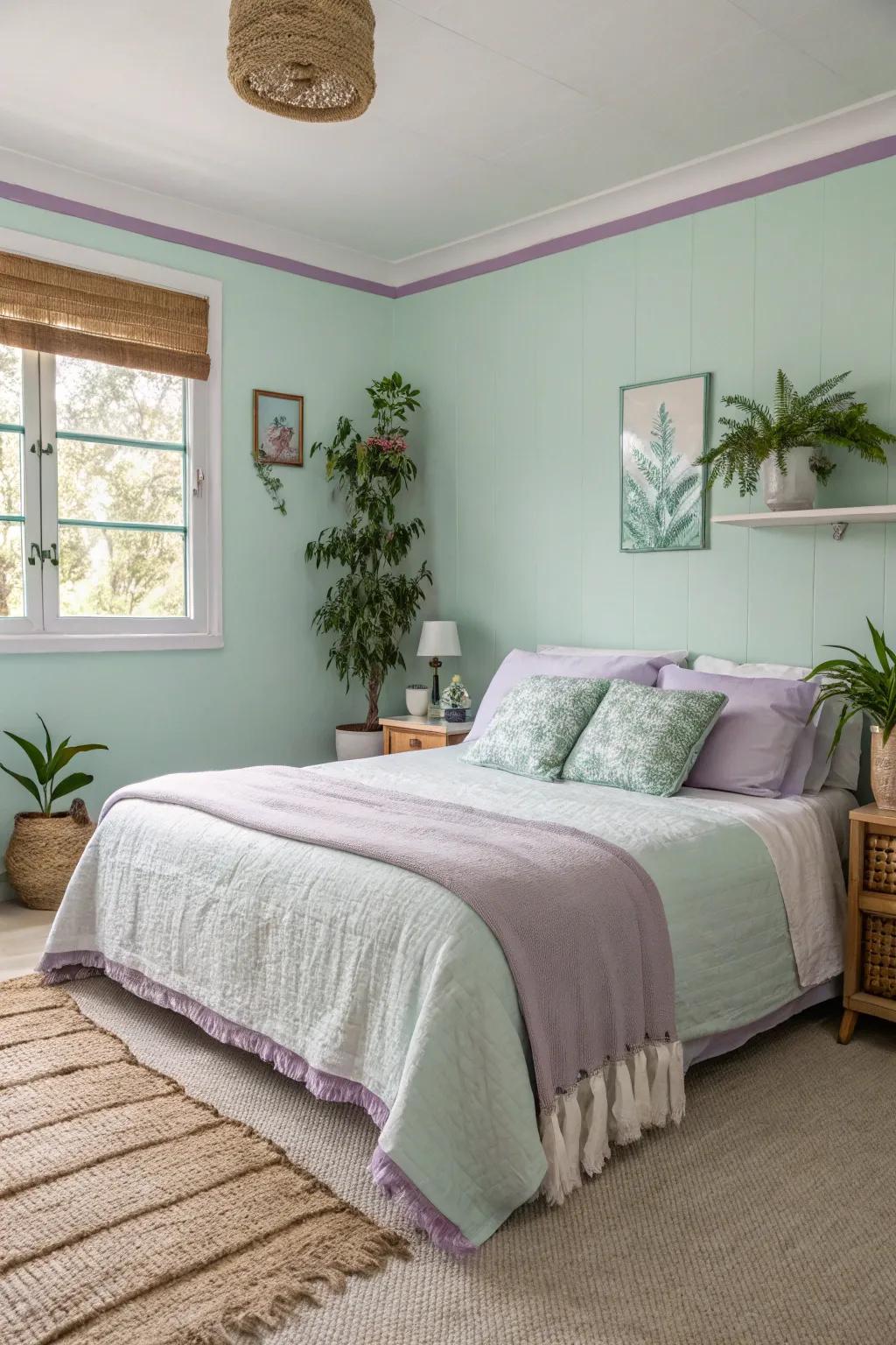 Calming mint walls paired with gentle lavender trim for a peaceful vibe.