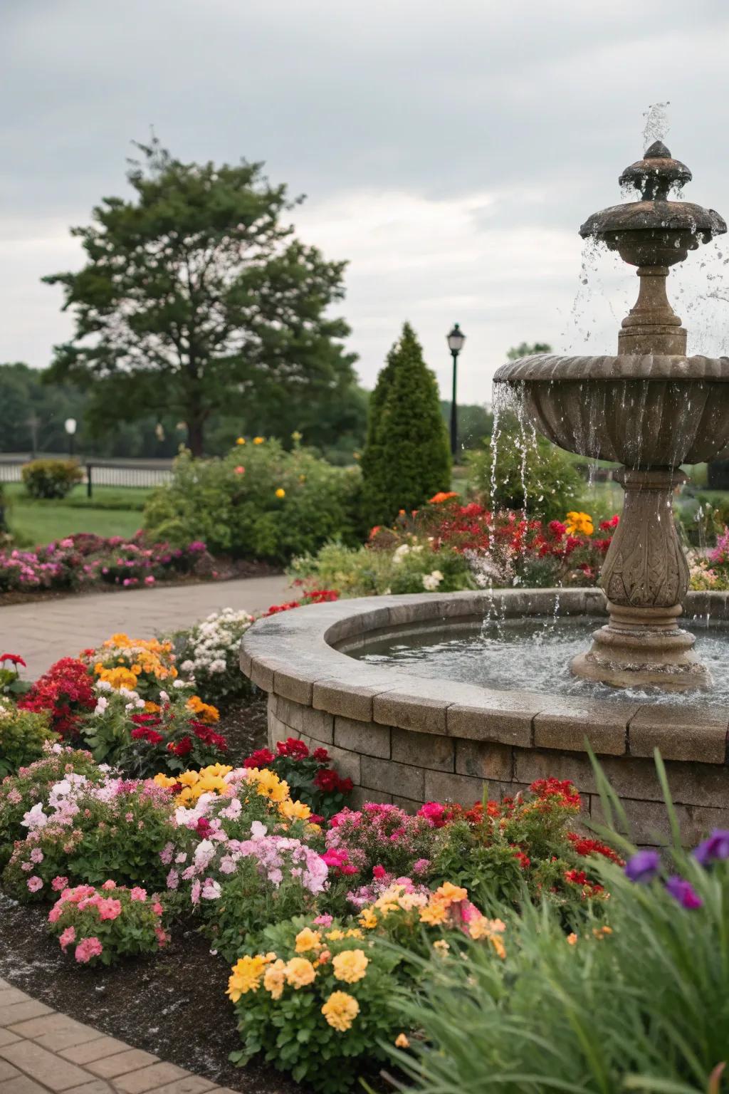Tranquil garden with a gentle water fountain.
