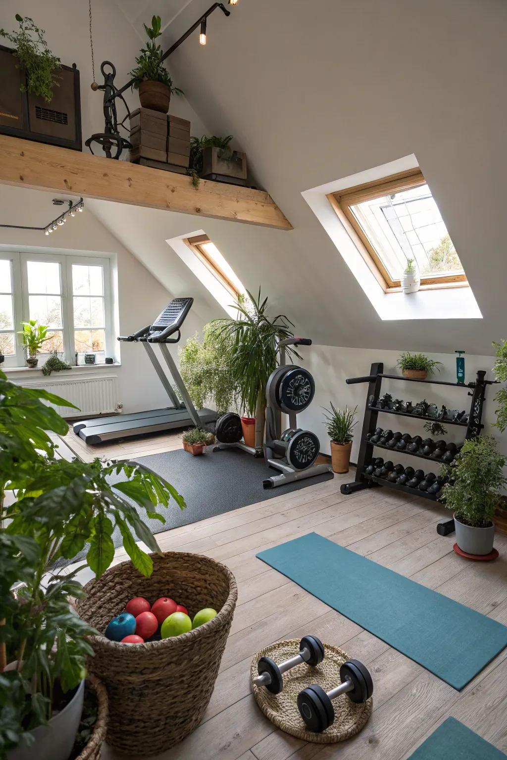 Indoor plants refresh and enliven your attic gym.