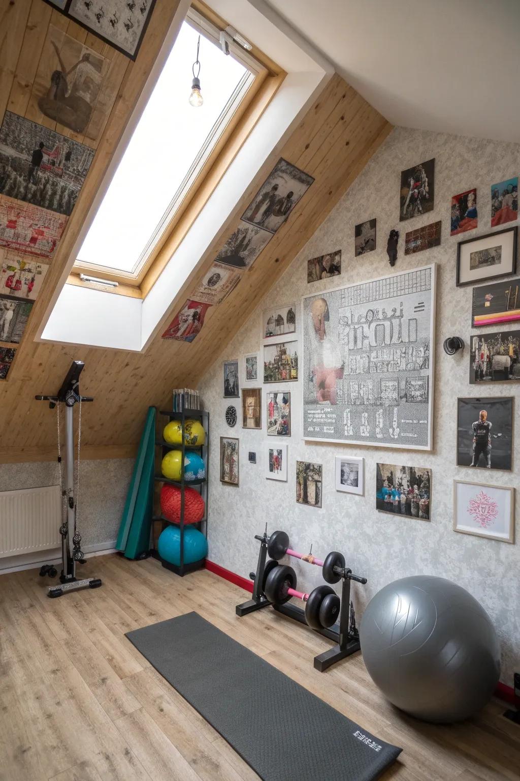 Motivational wall art personalizes your workout area.