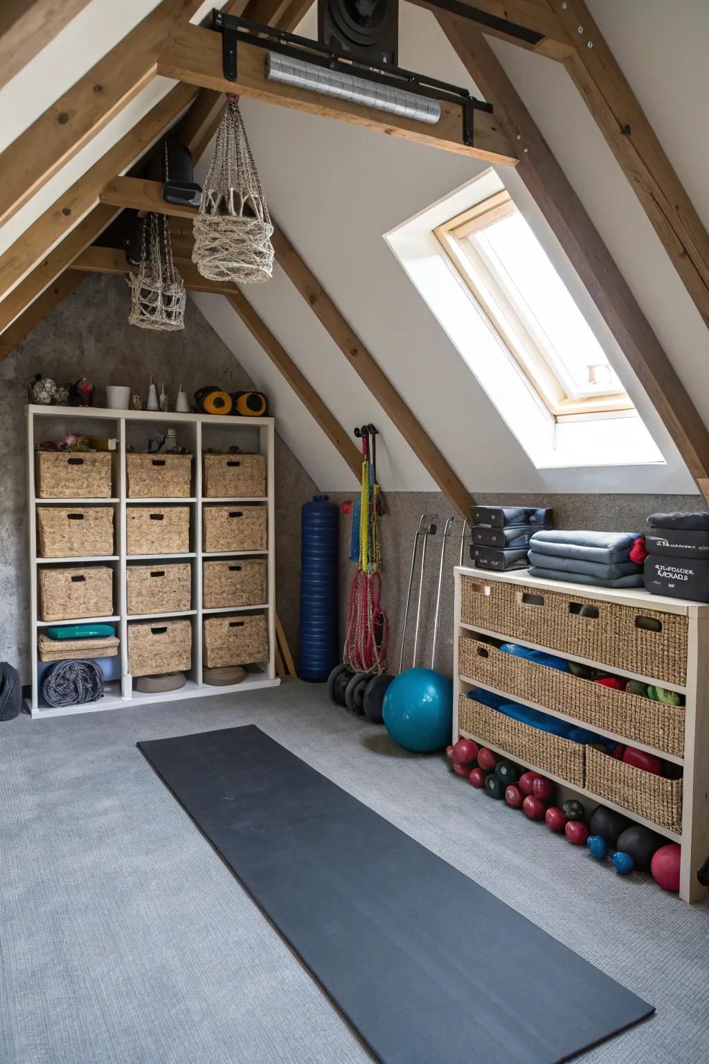Smart storage ideas utilizing attic ceiling angles.