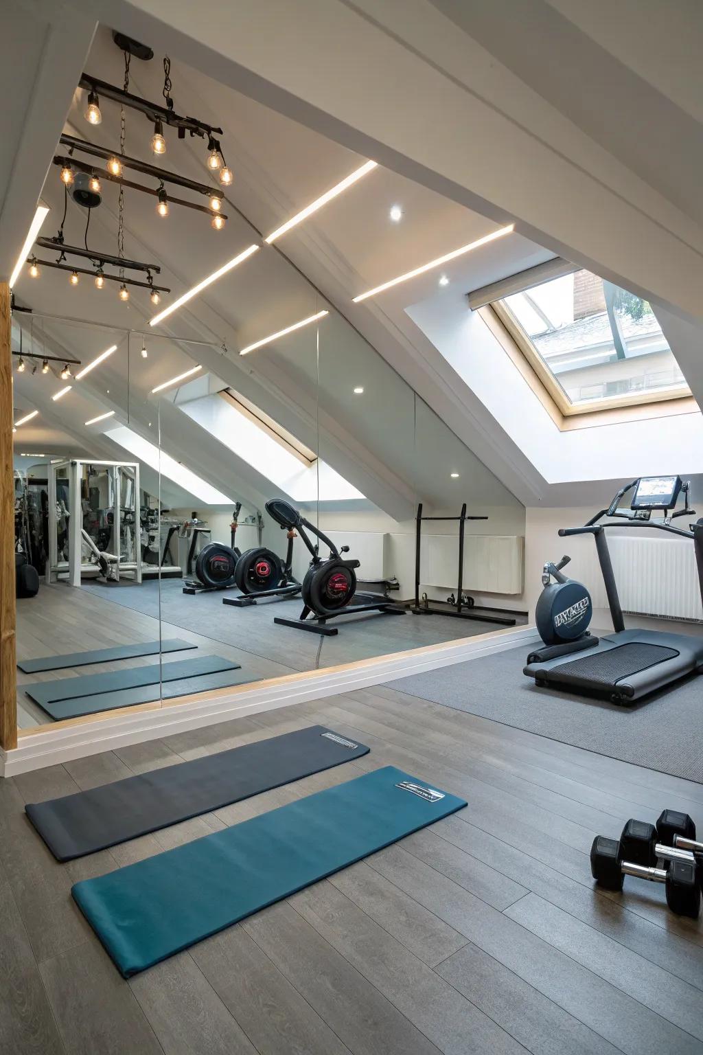 Mirrors enlarge the perception of space and aid workout form.