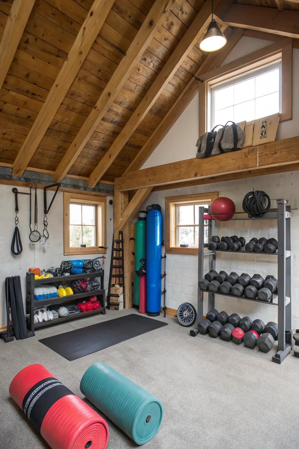 Organized storage keeps your attic gym clutter-free.