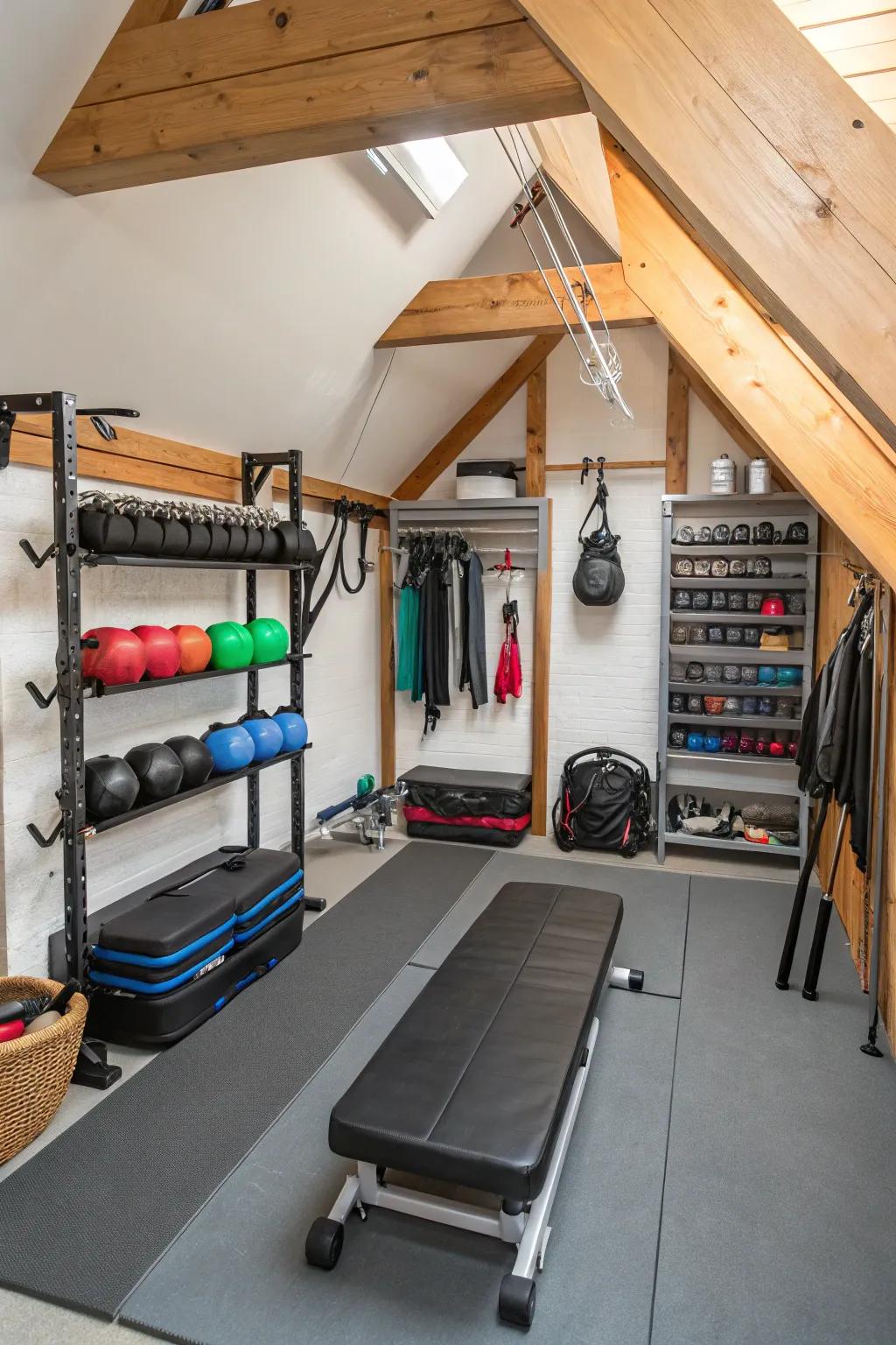 Compact gym equipment maximizes attic space.