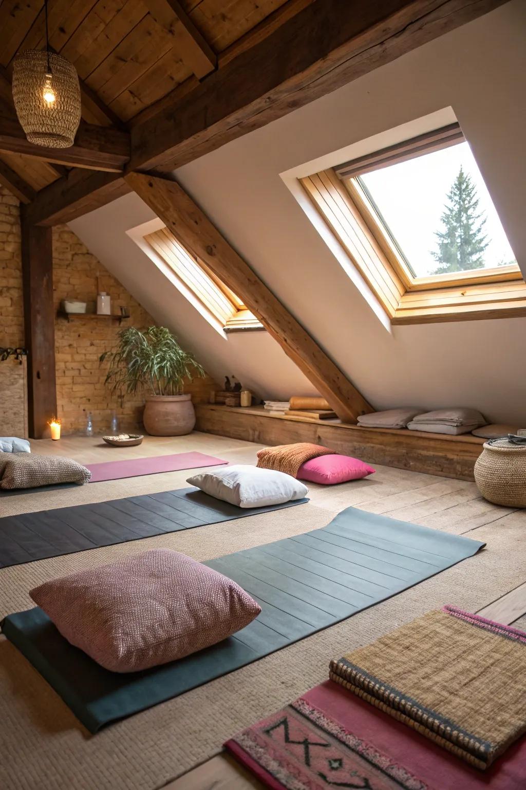 Calm yoga and meditation corner in your attic gym.