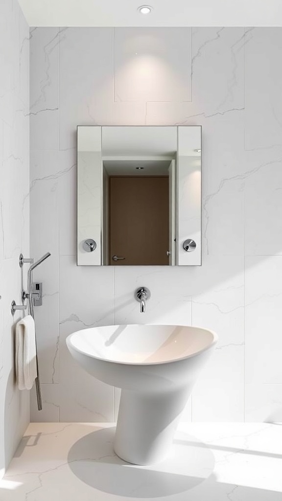 A modern sculptural sink design in a minimalist bathroom setting.