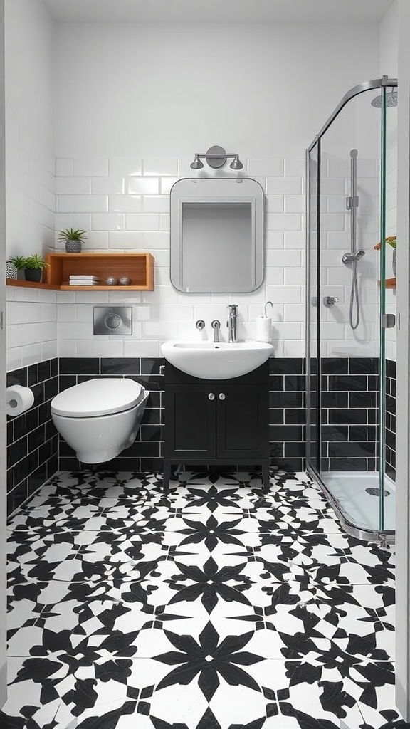 A modern bathroom featuring black and white geometric tile patterns on the floor, with a sleek shower, sink, and toilet.