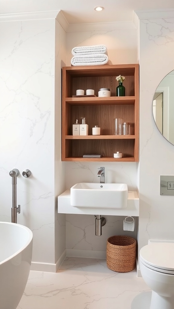 A modern bathroom featuring open shelving with neatly arranged towels and decor.