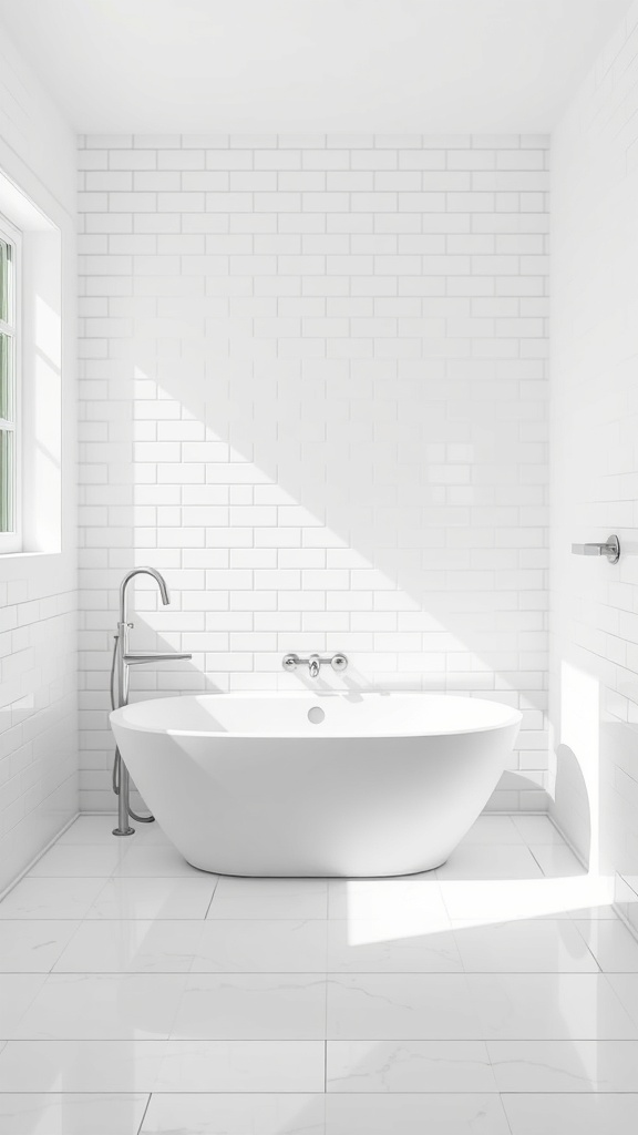 A minimalist bathroom featuring a white bathtub and white tiled walls.