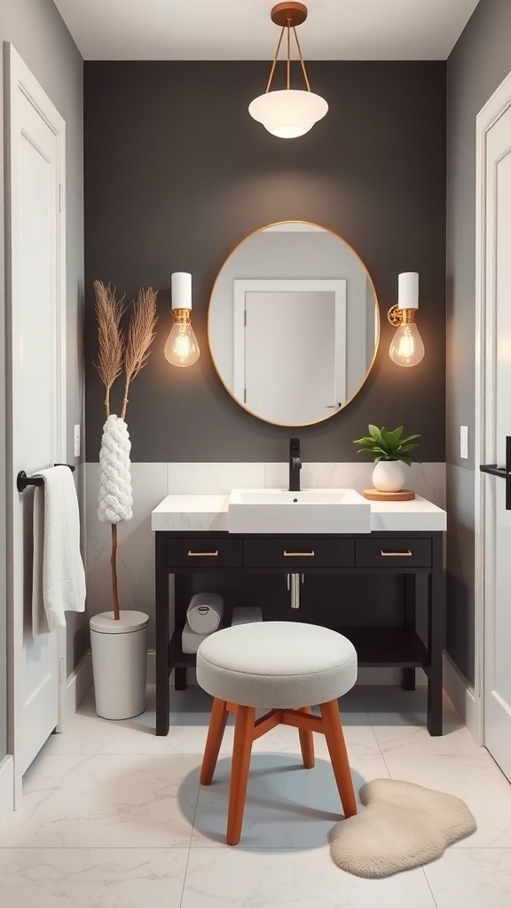 A stylish bathroom featuring a sleek vanity, minimalist stool, and modern lighting.