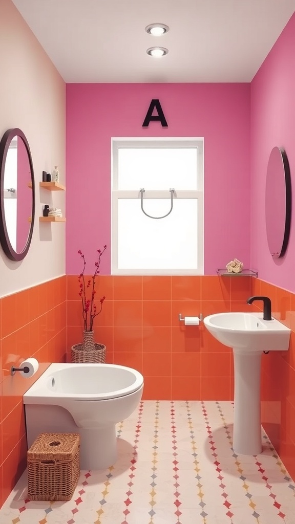 A modern bathroom featuring bold pink and orange tiles with a stylish sink and round mirror.