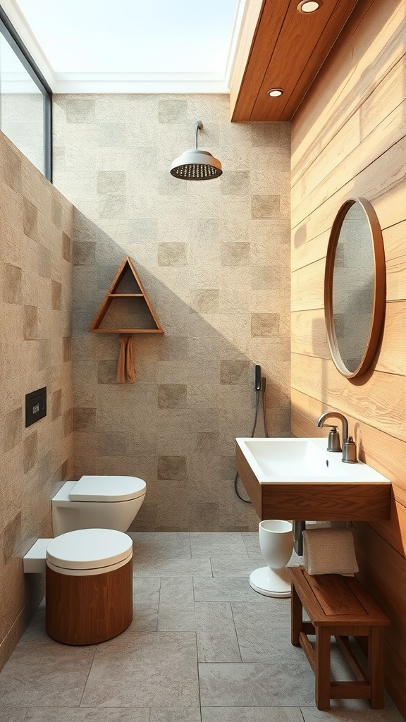 A modern bathroom featuring natural materials like wood and stone.