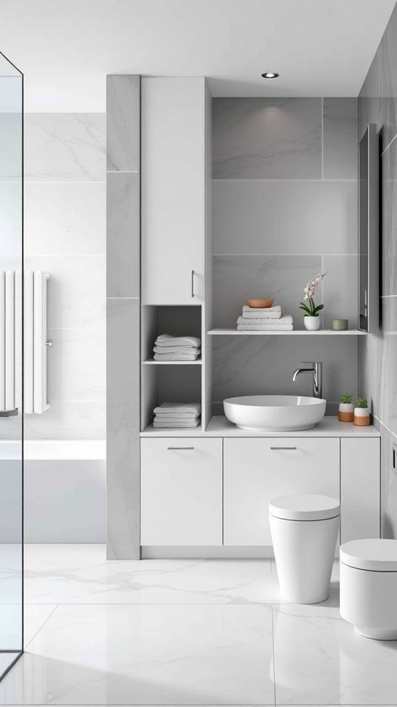 A modern bathroom featuring sleek cabinets and open shelves for storage.