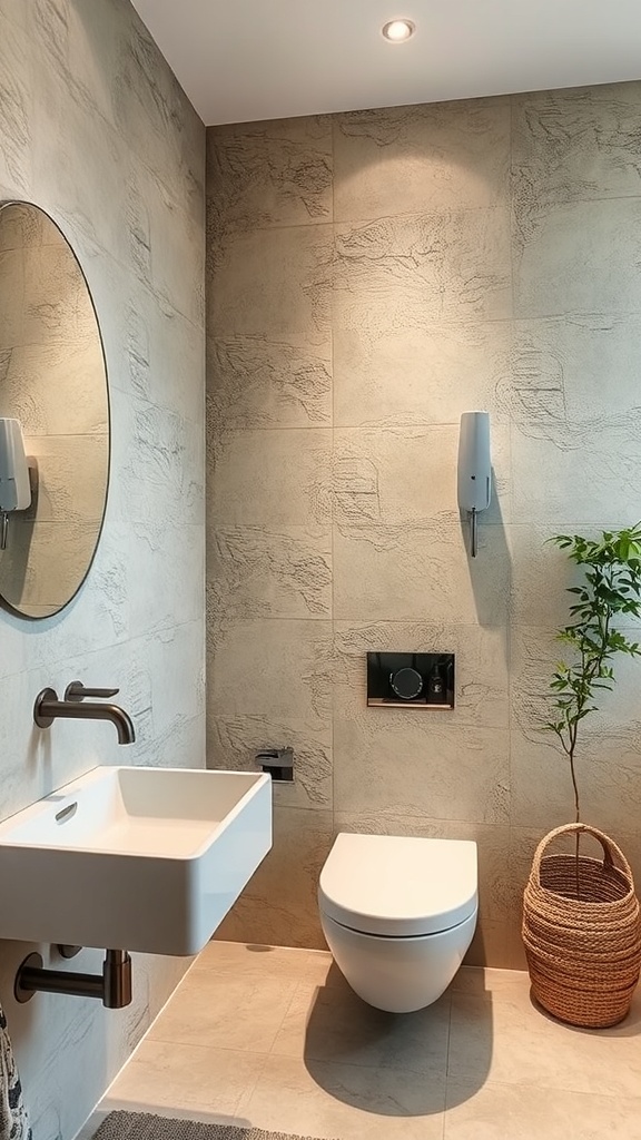 A modern bathroom with textured wall finishes, featuring a round mirror, a sleek sink, and a small plant.