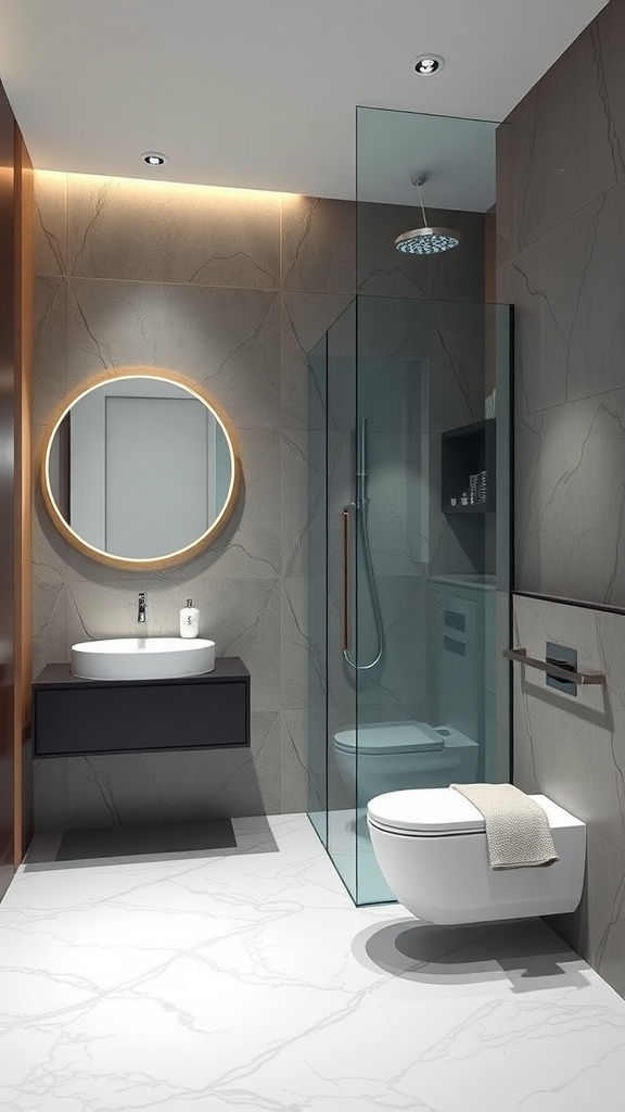 A modern bathroom featuring glass partitions, a round mirror, and stylish fixtures.